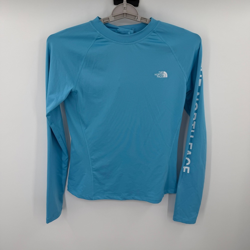 The North Face Womens Blue Long Sleeve Rash Guard Swim Shirt Logo Graphic Small
